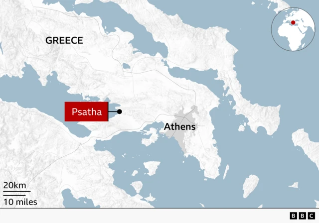 Map of western Attica in Greece showing Psatha, a coastal area about 50km west of Athens, where the two helicopters are reported to have collided.