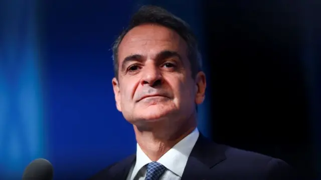 Greece's Prime Minister Kyriakos Mitsotakis during a doorstep at the NATO leaders' summit in Ankara, Turkey