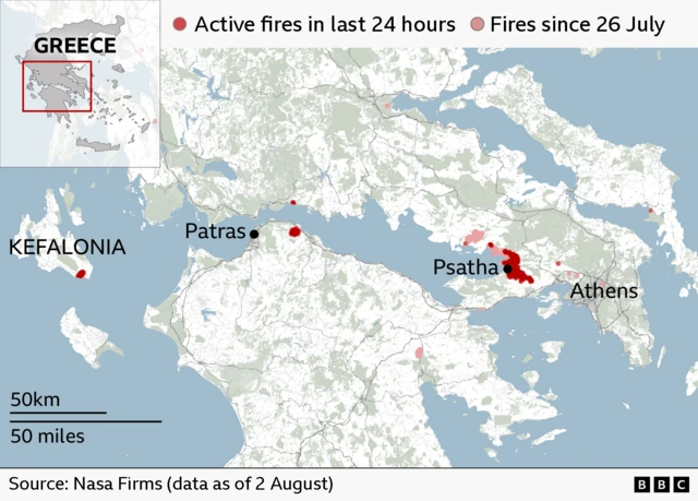 Map of southern Greece showing wildfire activity recorded by NASA FIRMS up to 2 August. Dark red dots mark fires active in the last 24 hours and are heavily concentrated around Psatha, west of Athens, where the largest cluster is visible. Smaller active fire clusters appear near Patras on the Gulf of Corinth and on the island of Kefalonia. Pale red dots indicate fires detected since 26 July, scattered across the wider region, including around Athens, central Greece and parts of the Peloponnese. Source: Nasa Firms data.
