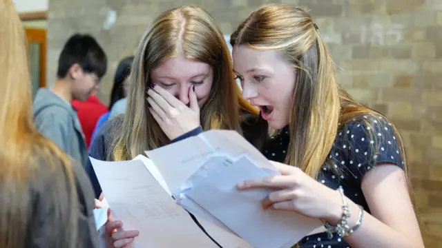 Two girls have open mouths as they look at a results sheet