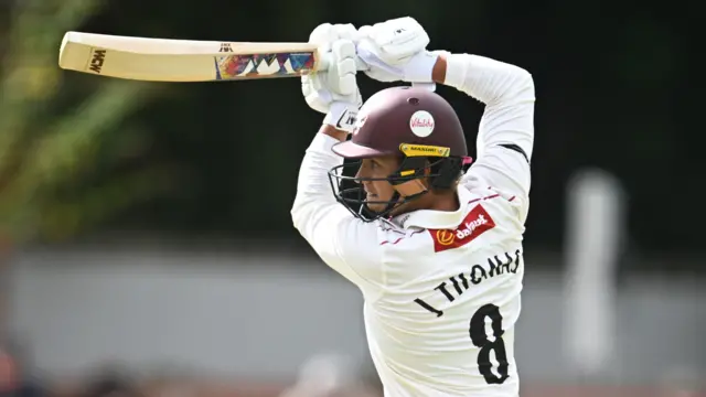 Left-hander Joshua Thomas playing a big shot for Somerset