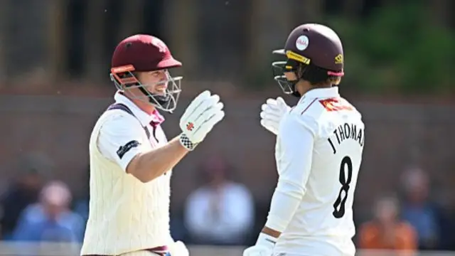Henry Nicholls and Josh Thomas high-five each other during their partnership for Somerset