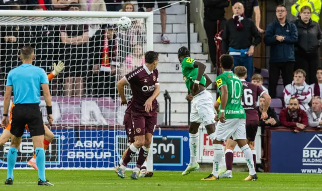 Rapid Vienna's Serge-Philippe Raux-Yao scores to make it 1-0 during a UEFA Conference League Playoff Round First Leg match between Heart of Midlothian and Rapid Vienna, at Tynecastle Park, on August 20, 2026, in Edinburgh,