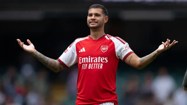 Bruno Guimarães of Arsenal celebrates winning the 2026 FA Community Shield match between Arsenal and Manchester City at Principality Stadium.