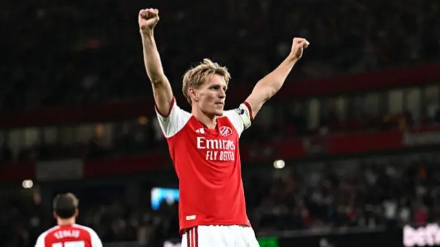 Martin Odegaard of Arsenal celebrates scoring his team’s third goal during the Premier League 2026/27 match between Arsenal FC and Coventry City at Emirates Stadium