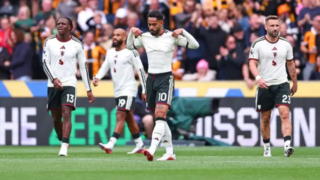A dejected Matheus Cunha of Manchester United after conceding the opening goal during the Premier League 2026/27 match between Hull City and Manchester United at MKM Stadium.