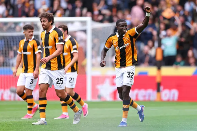 Nobel Mendy of Hull City celebrates after scoring a goal to make it 2-0 during the Premier League 2026/27 match between Hull City and Manchester United at MKM Stadium.