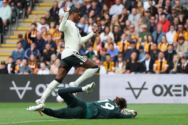 Konstantinos Tzolakis of Hull City collects the ball as Marcus Rashford of Manchester United presses during the Premier League 2026/27 match between Hull City and Manchester United at MKM Stadium.