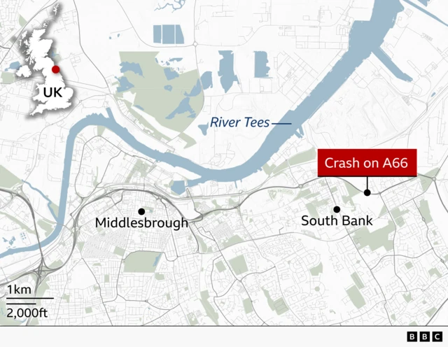 Map showing the location of a crash on the A66 in South Bank, east of Middlesbrough. An inset map highlights the location in north-east England, with the crash site marked on the road near the River Tees.