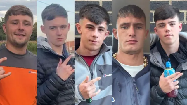 Composite of images sourced from social media showing the five victims who were travelling in a Volkswagen Passat involved in a fatal wrong-way crash with a police car on the A66 in South Bank, near Middlesbrough, Cleveland in the early hours 22/08/2026. L-R: Jacob Matusiak, 23; Makai Saddington, 18; Theo Ray, 17; Michael Robert Cahill, 23; Cole Robert Worthy, 17.