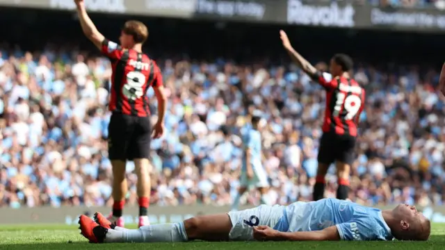 Manchester City's Norwegian striker #09 Erling Haaland reacts after missing a chance during the English Premier League football match between Manchester City and AFC Bournemouth at the Etihad Stadium.