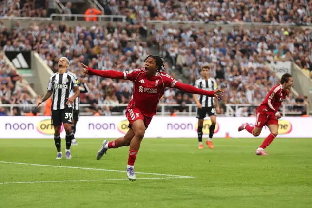 Rio Ngumoha celebrating goal against Newcastle for Liverpool