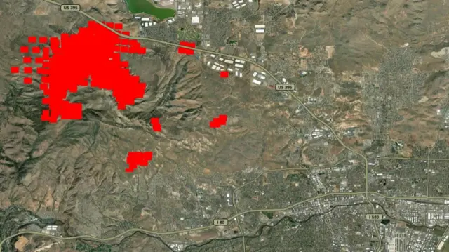 Red rectangles showing heat from the Hawk fire as sensed by Nasa's FIRMS satellites