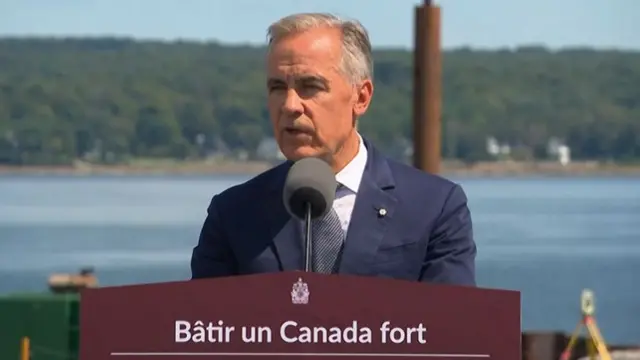Mark Carney speaks at podium in front of water