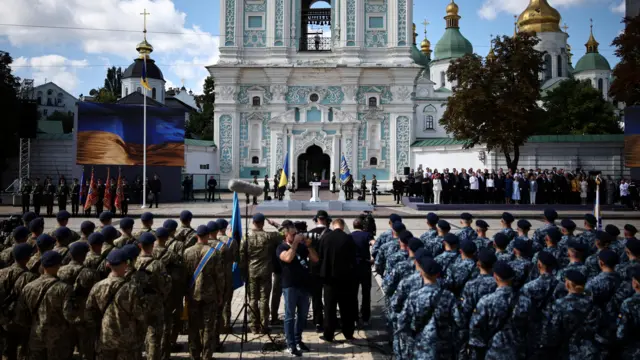 Zelenskiy addresses Ukrainian Naval Infantry and European leaders as they attend the commemorative ceremony outside St. Sofia cathedral
