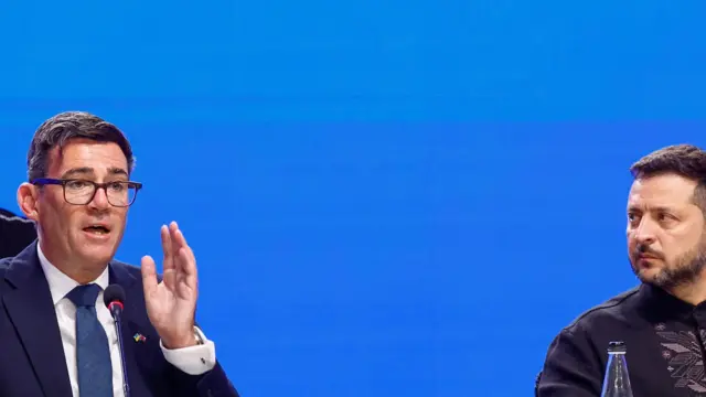 Ukraine's President Volodymyr Zelenskiy and British Prime Minister Andy Burnham attend a meeting of the so-called Coalition of the Willing