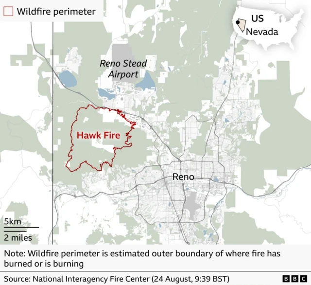 Map showing wildfire perimeter of the Hawk Fire west of Reno, Nevada. The area shows where the fire has burned and is currently burning in the Copperfield area near Silver Lake and Reno Stead Airport, with the city of Reno to the south-east. The perimeter covers the hills to the south of the Martin Luther King Jr Memorial Freeway towards Somersett. An inset map locates the fire within Nevada, in the western United States.