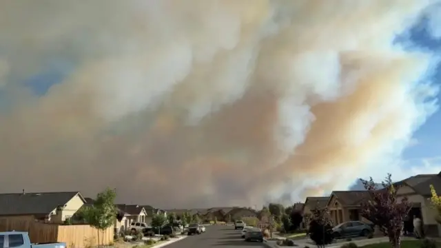 A huge plume of smoke sits above a suburban street