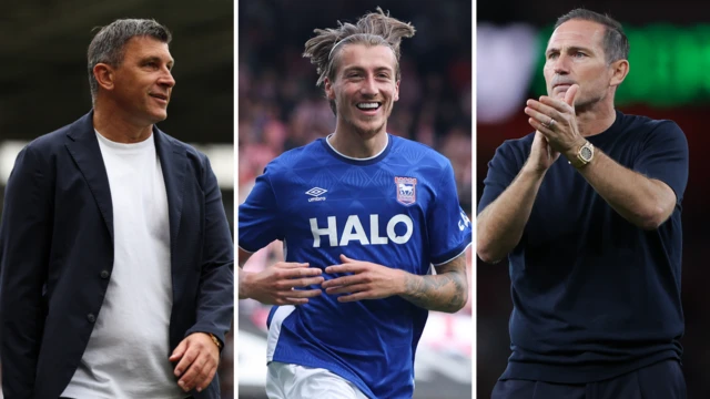Hull City head coach Sergej Jakirovic, Ipswich Town midfielder Jack Clarke, and Coventry City manager Frank Lampard, in a split screen.
