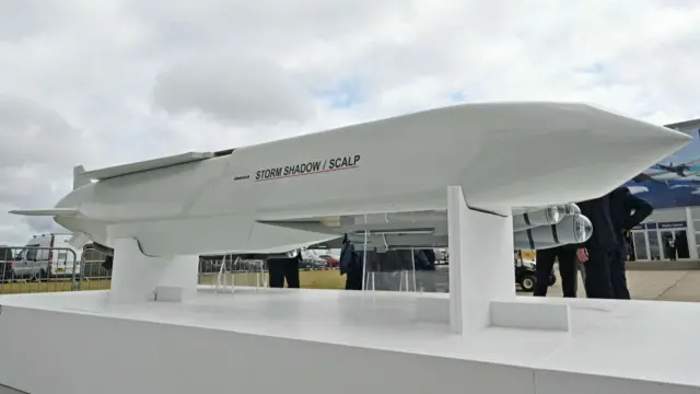 A Storm Shadow / SCALP long-range air-launched cruise missile is pictured displayed at European missile maker MBDA's display stand, on the opening day of the Farnborough International Airshow 2024