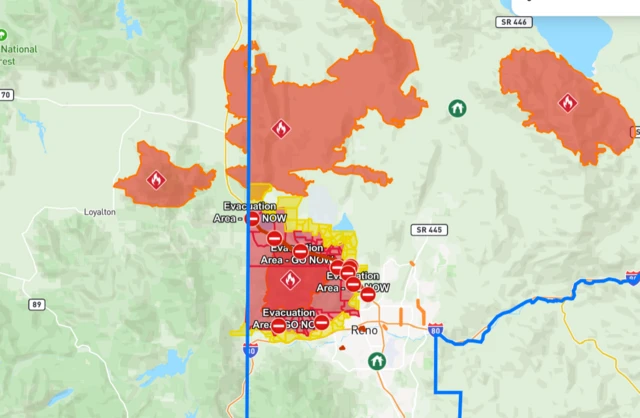 A map showing the evacuation area in red