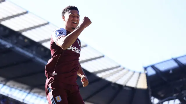 Ollie Watkins celebrates at the Etihad