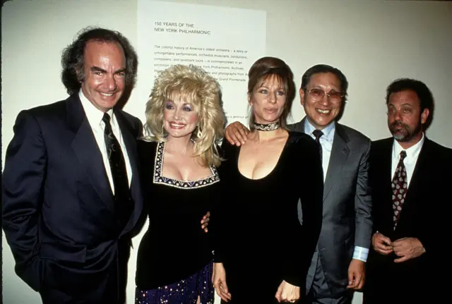 Neil Diamond, Dolly Parton, Barbra Streisand, Norio Ohga and Billy Joel circa 1993 in New York City.