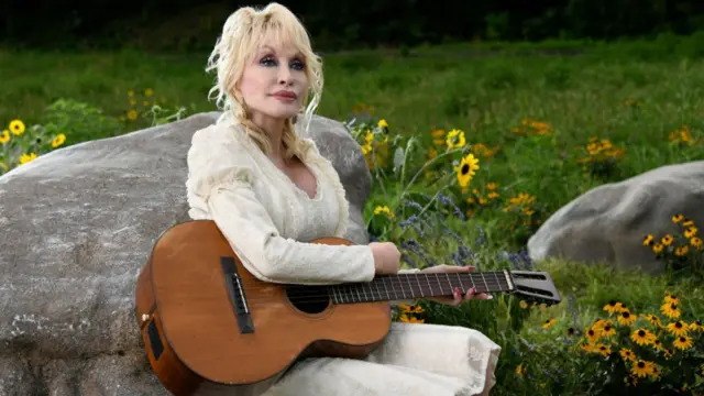 A woman with blonde hair and wearing a long cream dress sits on a rock in a green meadow holding her guitar