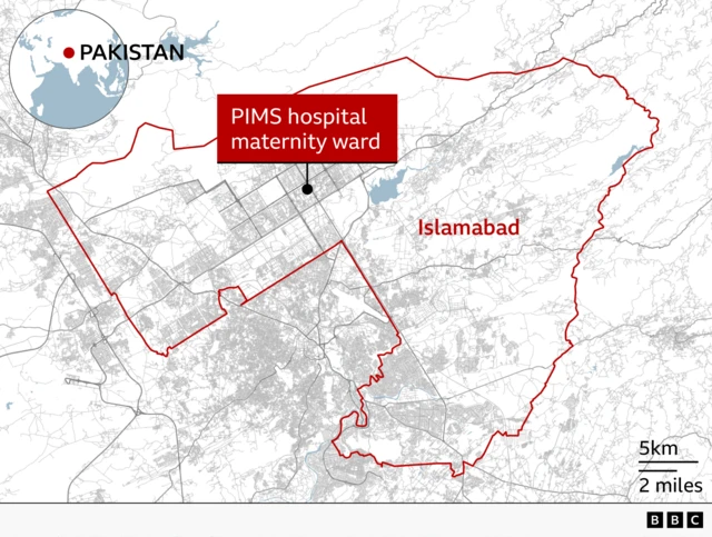 Map of Islamabad, Pakistan, showing the location of the Pakistan Institute of Medical Sciences (PIMS) hospital maternity ward. The city boundary is outlined in red, with a labelled marker indicating the maternity ward in the north-central part of the city. An inset globe in the top-left corner highlights Pakistan’s location in Asia. The map includes a scale of 5 km (2 miles) and is branded with the BBC logo.