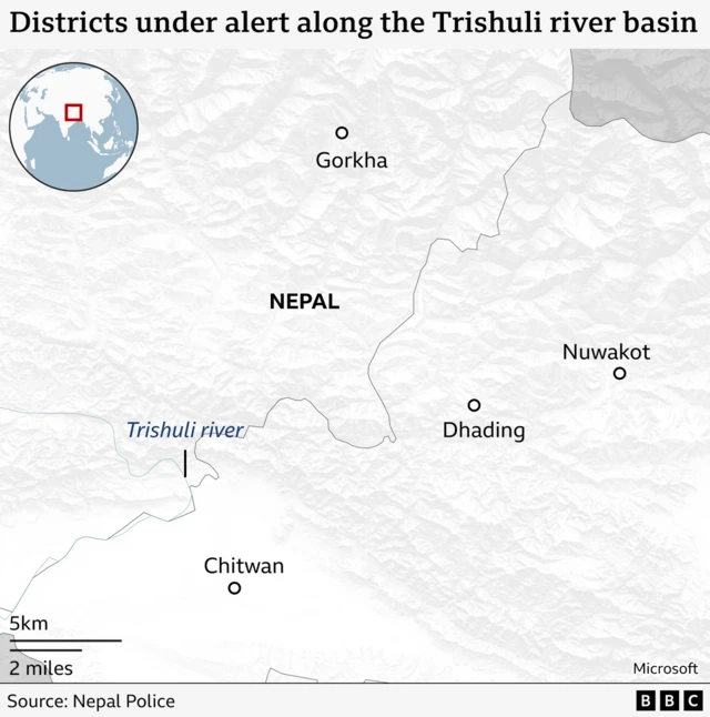 Map showing districts of Nepal surrounding the Trishuli river affected by the landslide