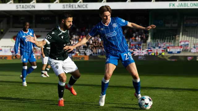 James Penrice playing for Rangers against Jablonec