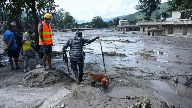 Rescuers going through the mud with a sniffer dog, the damaged remains of a house covered in debris, water and mud