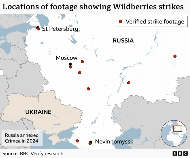 A map showing the locations of footage showing strikes on Wildberries sites in Russia