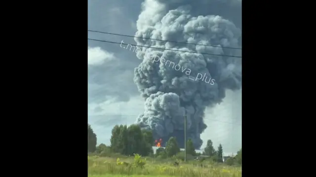 A thick cloud of grey smoke billows from a Wildberries facility in Russia's Vladimir region