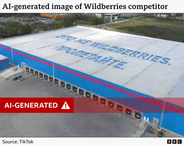 An AI-generated image of a warehouse with the words, in Russian, "This is not Wildberries. Fly past” written on its roof. We have added the label "AI-generated"