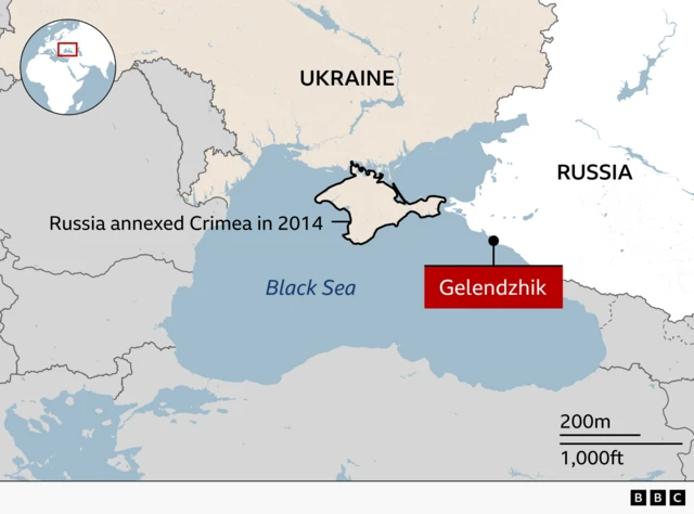 BBC map of the Black Sea region showing Ukraine, Russia, and the Crimean Peninsula. Crimea is outlined and annotated with the text “Russia annexed Crimea in 2014.” A marker highlights Gelendzhik on Russia’s northeastern Black Sea coast. An inset globe shows the region’s location in Europe.