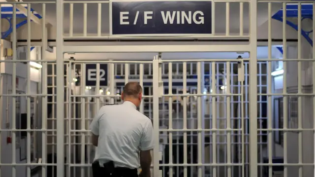 A prison officer unlock a large gate