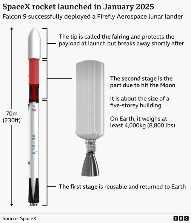 Annotated graphic of a SpaceX Falcon 9 rocket used to launch a Firefly Aerospace lunar lander in January 2025. The rocket is shown as 70 metres (230 feet) tall and divided into three sections: the fairing at the top, which protects the payload during launch before breaking away; the second stage, highlighted and described as the portion expected to crash on the Moon; and the reusable first stage, which returns to Earth after launch. A separate illustration of the second stage notes that it is about the size of a five-storey building and weighs at least 4,000kg (8,800 lbs) on Earth.