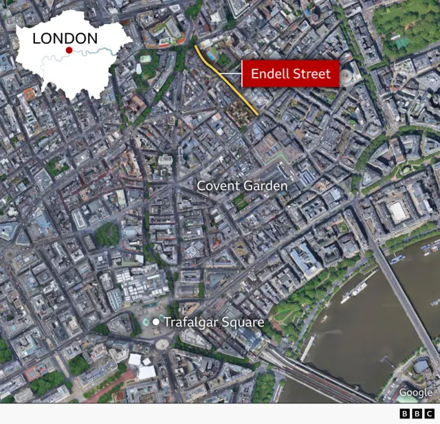Satellite map of central London showing Endell Street in Covent Garden. Endell Street is highlighted in yellow and labelled in a red box. To the south, Covent Garden and Trafalgar Square are labelled. An inset map of London in the top left shows the highlighted location within central London, near the River Thames.