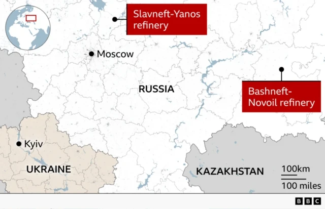 Map showing two refineries mentioned by Zelensky on map of Russia