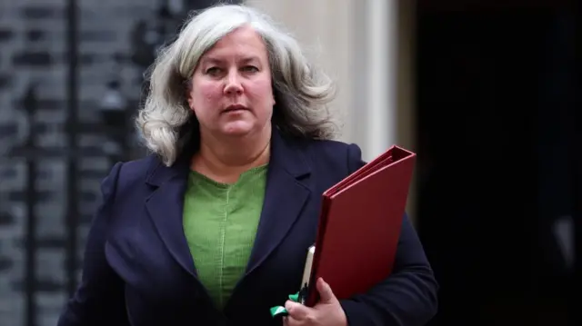 Heidi Alexander walks down Downing Street wearing a navy blazer and green top. She is holding a red binder.