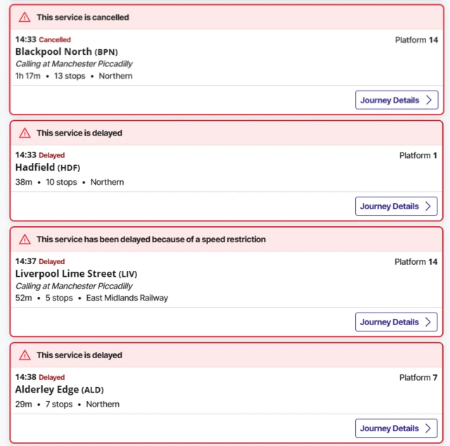 An online departure board for Manchester Picadilly