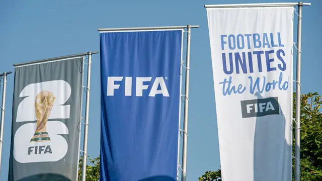 The FIFA flags are seen outside FIFA (Fédération Internationale de Football Association) global headquarters on July 30, 2026 in Zurich, Switzerland