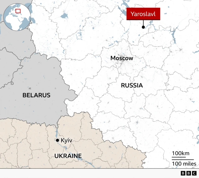 Map of western Russia highlighting the location of Yaroslavl. The city is marked northeast of Moscow with a red label and pointer. Belarus lies to the west and Ukraine to the southwest.