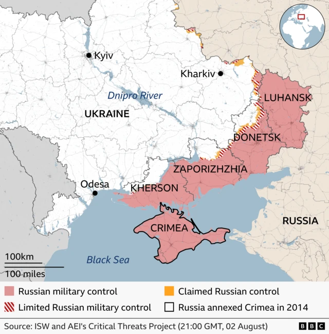 Map focusing on southern and eastern Ukraine, highlighting Russian military control. Pink shading covers Crimea and stretches across Kherson, Zaporizhzhia, Donetsk and Luhansk regions. A narrow band of red diagonal stripes marks the active front line, with small orange pockets showing claimed control. The Dnipro River and cities such as Kyiv, Kharkiv and Odesa are labelled for reference.