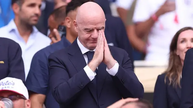 FIFA President Gianni Infantino holds his hands in a prayer during the FIFA World Cup 2026 Quarter Final match between Norway and England
