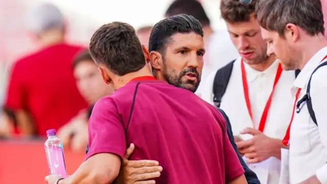 Former Hearts midfielder Bruno Aguiar greets Claudio Braga
