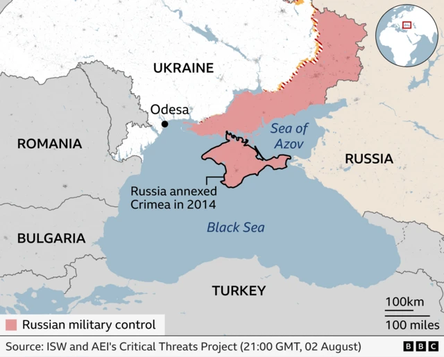Map of southern Ukraine and the northern Black Sea showing areas under Russian military control in pink. The map highlights Russian-held territory stretching along Ukraine’s southeastern coast from the Sea of Azov westwards toward the Black Sea, including Crimea, which is outlined and labelled as having been annexed by Russia in 2014. Ukraine, Russia, Romania, Bulgaria and Turkey are labelled, along with the cities of Odesa and the Sea of Azov and Black Sea. A legend indicates that pink shading represents Russian military control as of 21:00 GMT on 2 August.