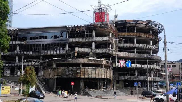 A general view of a shopping centre damaged by Russian strikes in the Lukianivska district of Kyiv during Britain's Defence Secretary Wes Streeting’s one day visit to the Ukrainian capital