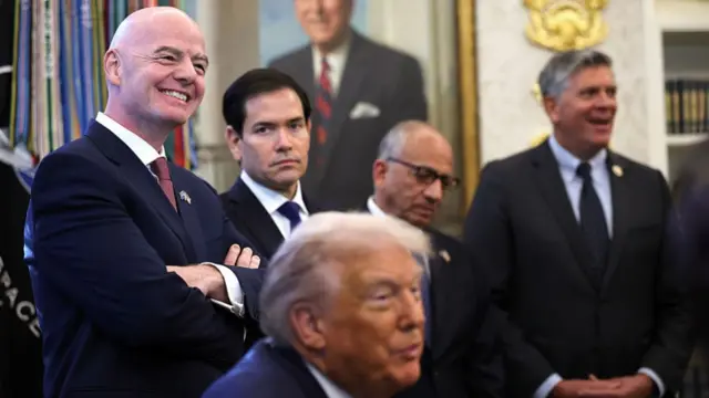 FIFA President Gianni Infantino (L), stands with U.S. President Donald Trump (3L), Secretary of State Marco Rubio (2L), FIFA Senior Advisor for Global Strategy and Governance Carlos Cordeiro (2R) and Rep. Darin LaHood (R-IL) during a meeting of the White House Task Force on the FIFA World Cup 2026 in the Oval Office of the White House on November 17, 2025